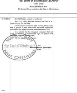 Bilaspur High Court WP(C)1759_14(06.10 order that a resolution under Section 129 (c) of Chhattisgarh Gram Panchayat Act shall not be allowed to come in the way of the fundamental right to preach and propagate religion