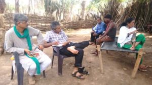 L-R Dr Sunilam, Brijendra Tiwari, Soni Sori speaking to villagers of Nagalguda and Padiya